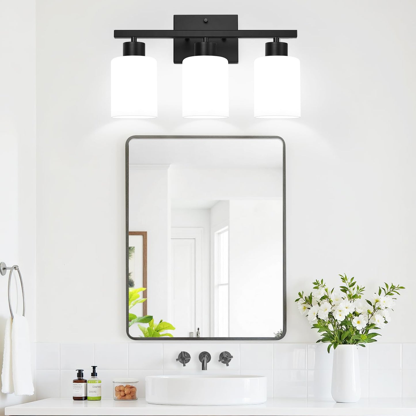 Meybiok 3-Light Bathroom Light Fixtures  Black Vanity Lighting Fixtures With Milky White Frosted Glass Shades  Bathroom Wall Lamp With E26 Socket  For Mirror  Living Room  Bedroom