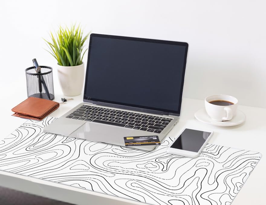 Topographic Mouse Pad XL - Large Extended Desk Mat for Gaming, Black and White Minimalist Keyboard Pad for Office & Home