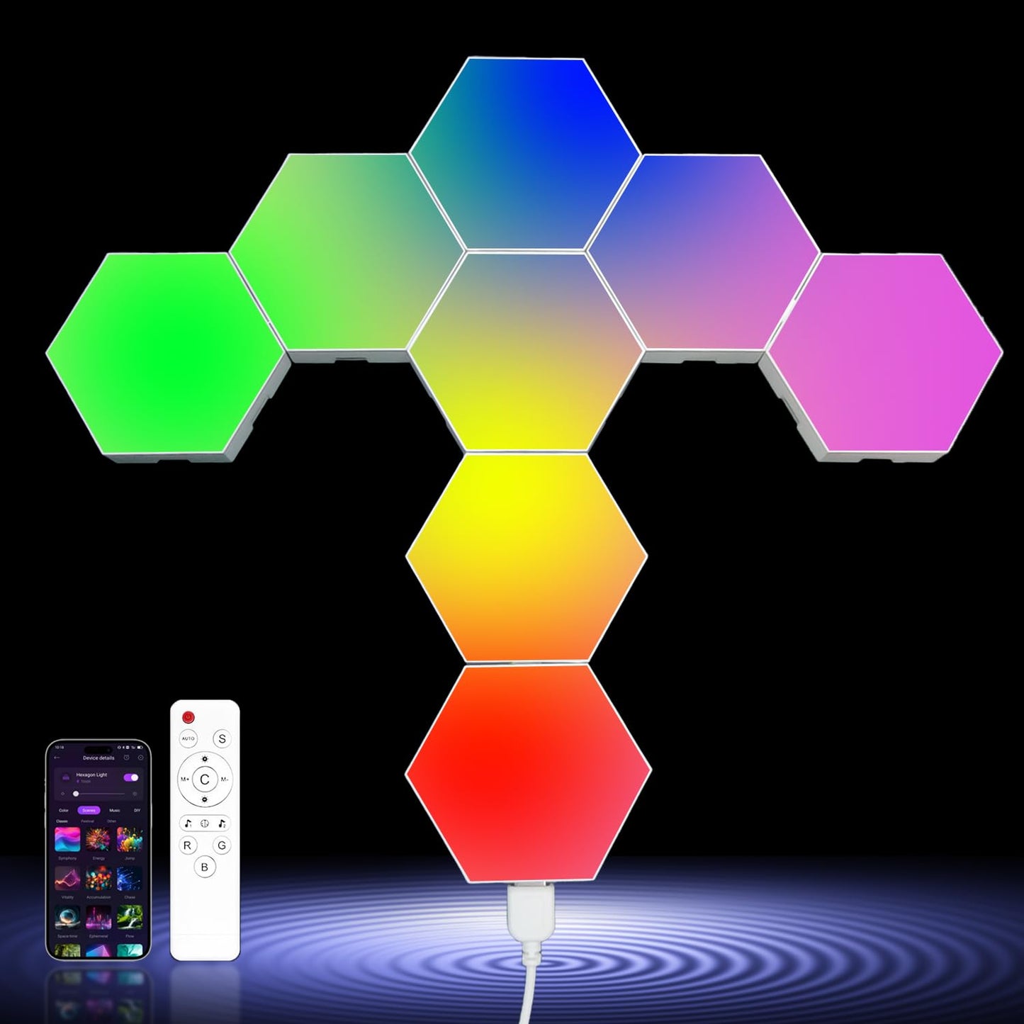 Zwzasm RGB Hexagon Wall Lights, 8 Pack Smart LED Panel Lights with App & Remote, Music Sync, DIY Shapes for Living Room, Bedroom, Gaming Room