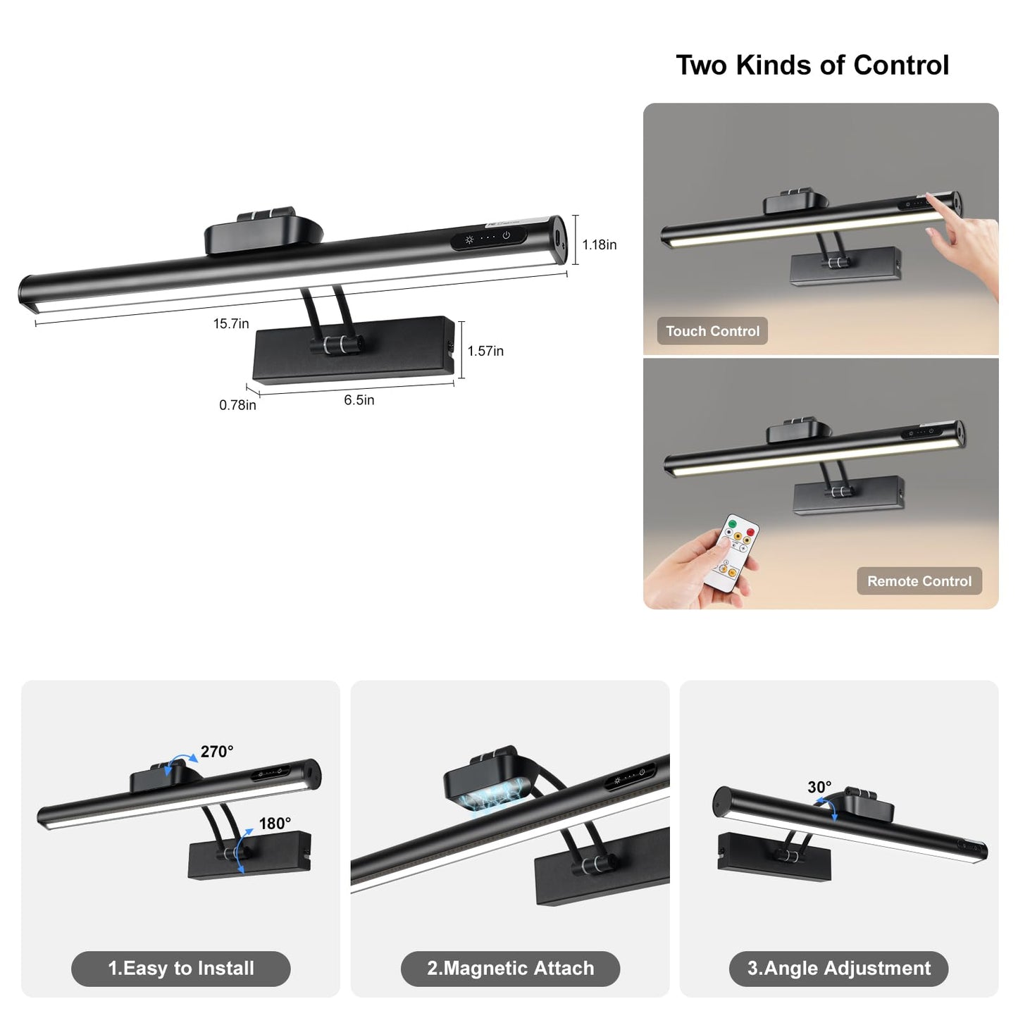 Magnetic Cordless Picture Light with Remote/Touch Control & Timer, 3CCT Dimmable, Angle Adjustable 16in Metal Wall Lights with 5000mAh Battery for Artwork, Painting, Portrait,Gallery,Photo,Black 2Pack