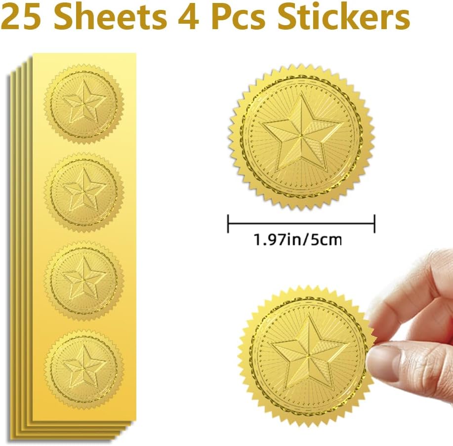 Peacoblue Gold Foil Stickers Seals Official Embossed 2 Inch 100Pcs Star, Self Adhesive Gold Around Embossing Medal Stickers for Certificate Paper, Envelope Seals, Awards and Achievements