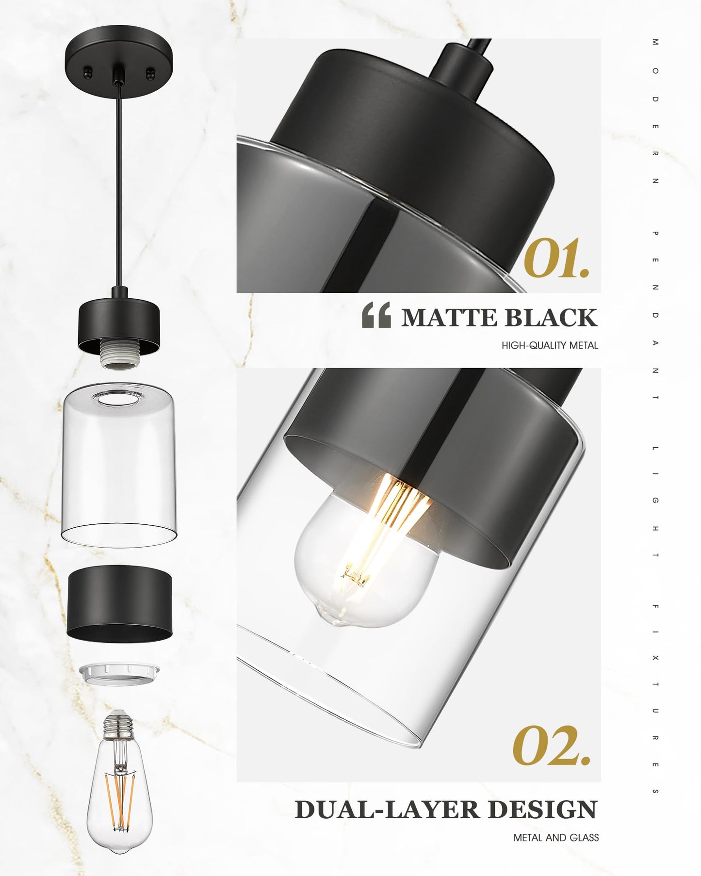 Audickic 2-Pack Pendant Lights Kitchen Island  Dual Shade Hanging Lights Fixtures With Metal And Clear Glass  Modern Matte Black Kitchen Pendant Lighting Over Island For Dining Room  Ad-24022-1P2-Bk