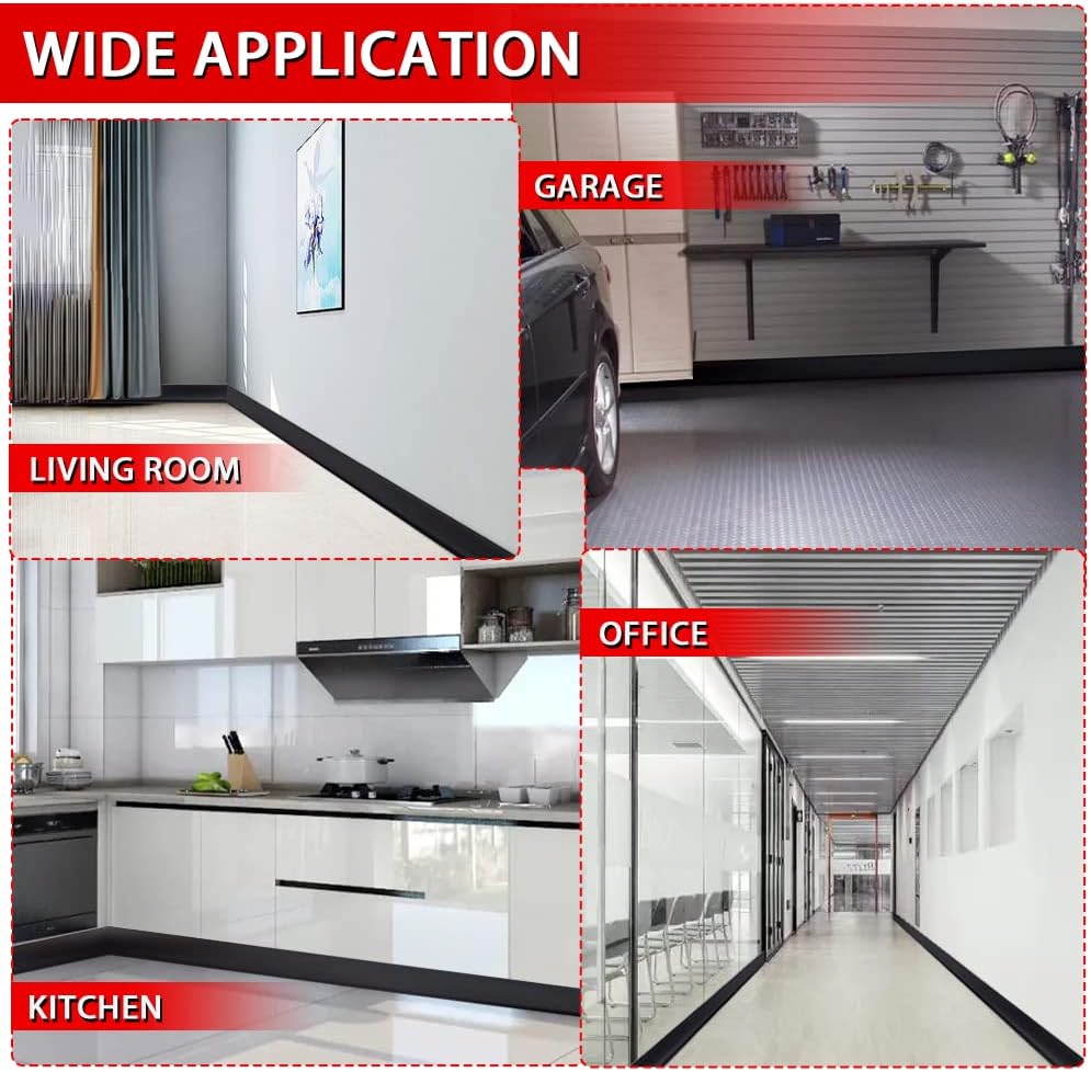 Vinyl Wall Base Baseboard Molding Trim 6" Flexible Self Adhesive Rubber Wall Base Moulding Trim Peel and Stick Design, 6 Inch x 100 Feet, Black