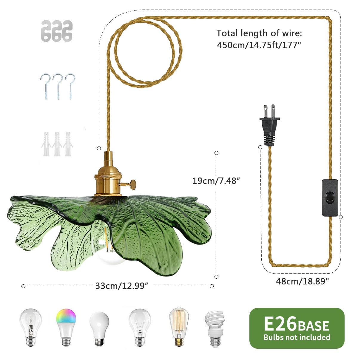 Auwieou Plug In Pendant Light Green Glass Pendant Lighting 14.75Ft Hanging Light With Plug In Cord 1-Light Hand Blown Brass Pendant Light Plug In Hanging Lamp For Kitchen Bedroom Living Dining Room