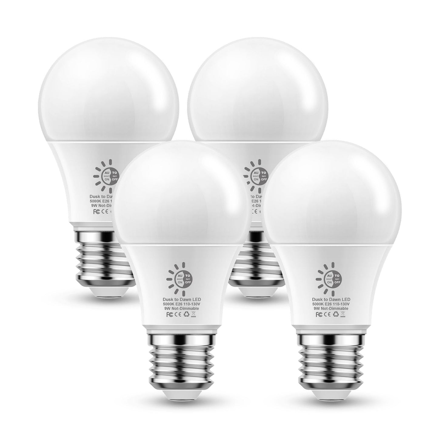 4 Pack Dusk To Dawn Light Bulbs Outdoor  9W(60W Equivalent) 5000K Daylight Bulb  800Lm A19 E26 Automatic On/Off Led Light Bulbs  Dusk To Dawn Led Sensor Photocell Lighting For Porch Garage Patio