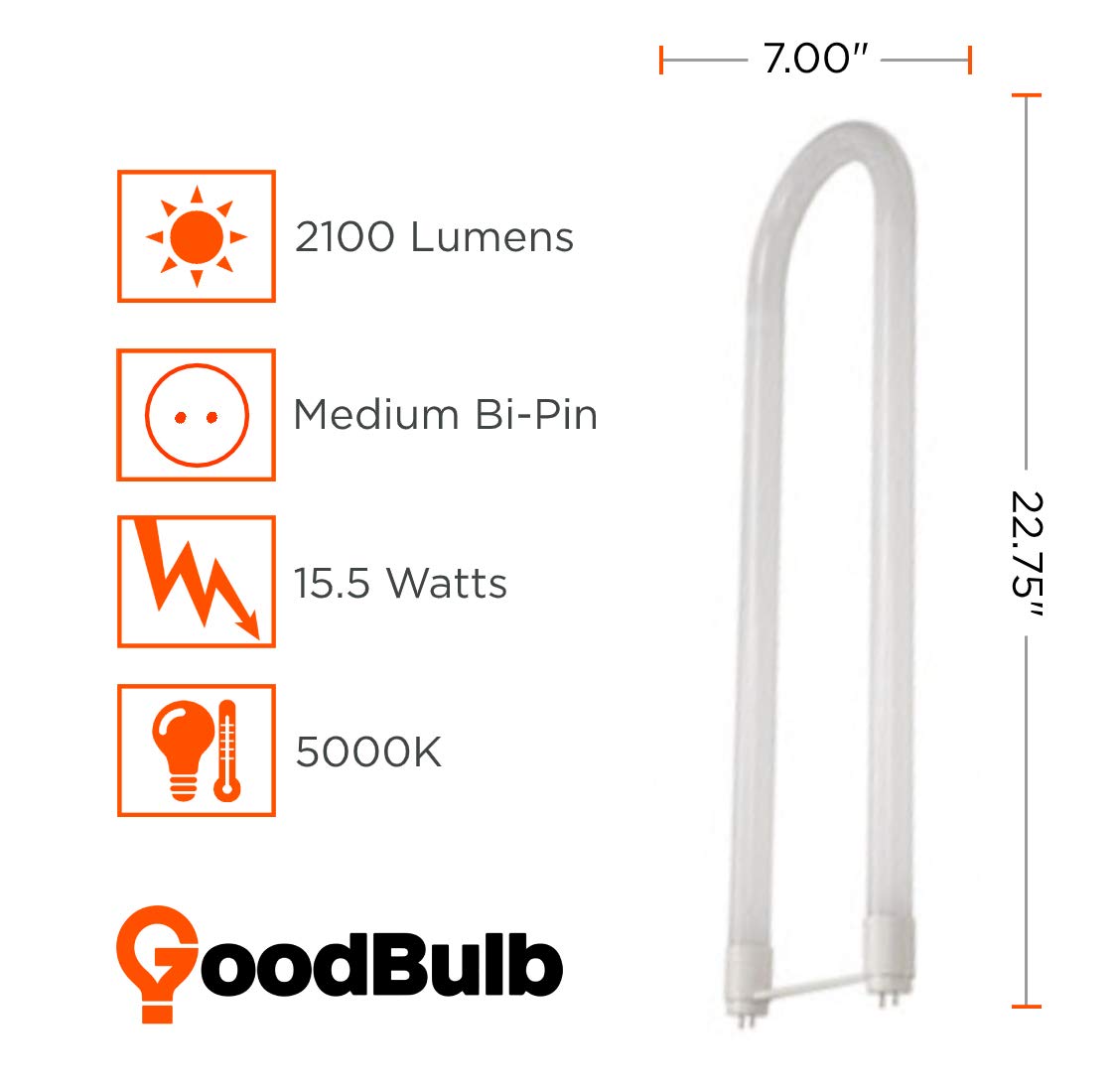 Goodbulb 15.5W T8 U Bend Fluorescent 6 Tube 5000K Daylight Medium Bi-Pin Base 2100 Lumesn 50000 Life Hours 13 Watts Car Dealership Lighting 10 Pack
