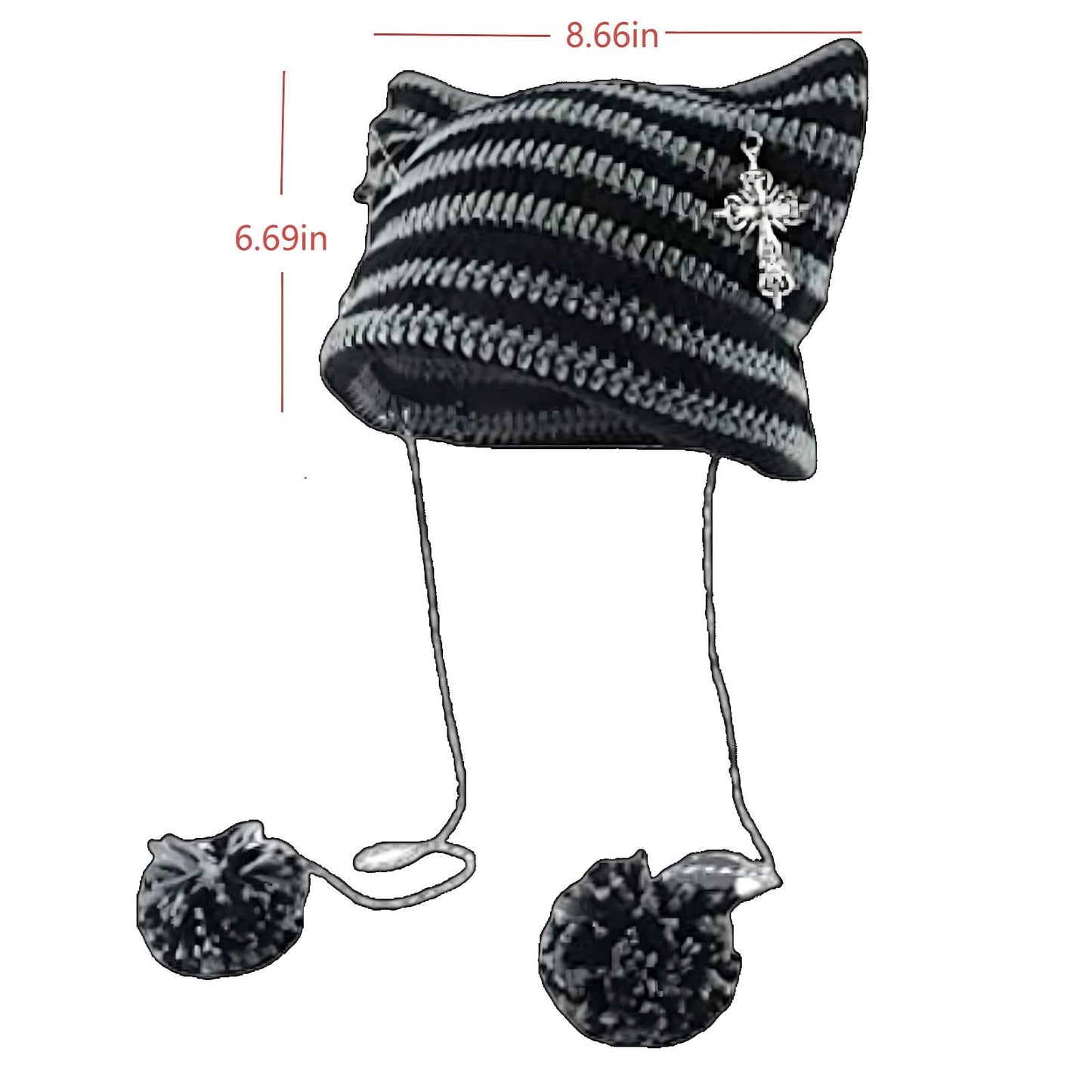 wfljl Crochet Cat Ear Beanie for Women - Goth Y2K Slouchy Knit Hat with Fox Ears & Pompoms, Trendy Animal Hats Accessories Dark Gray