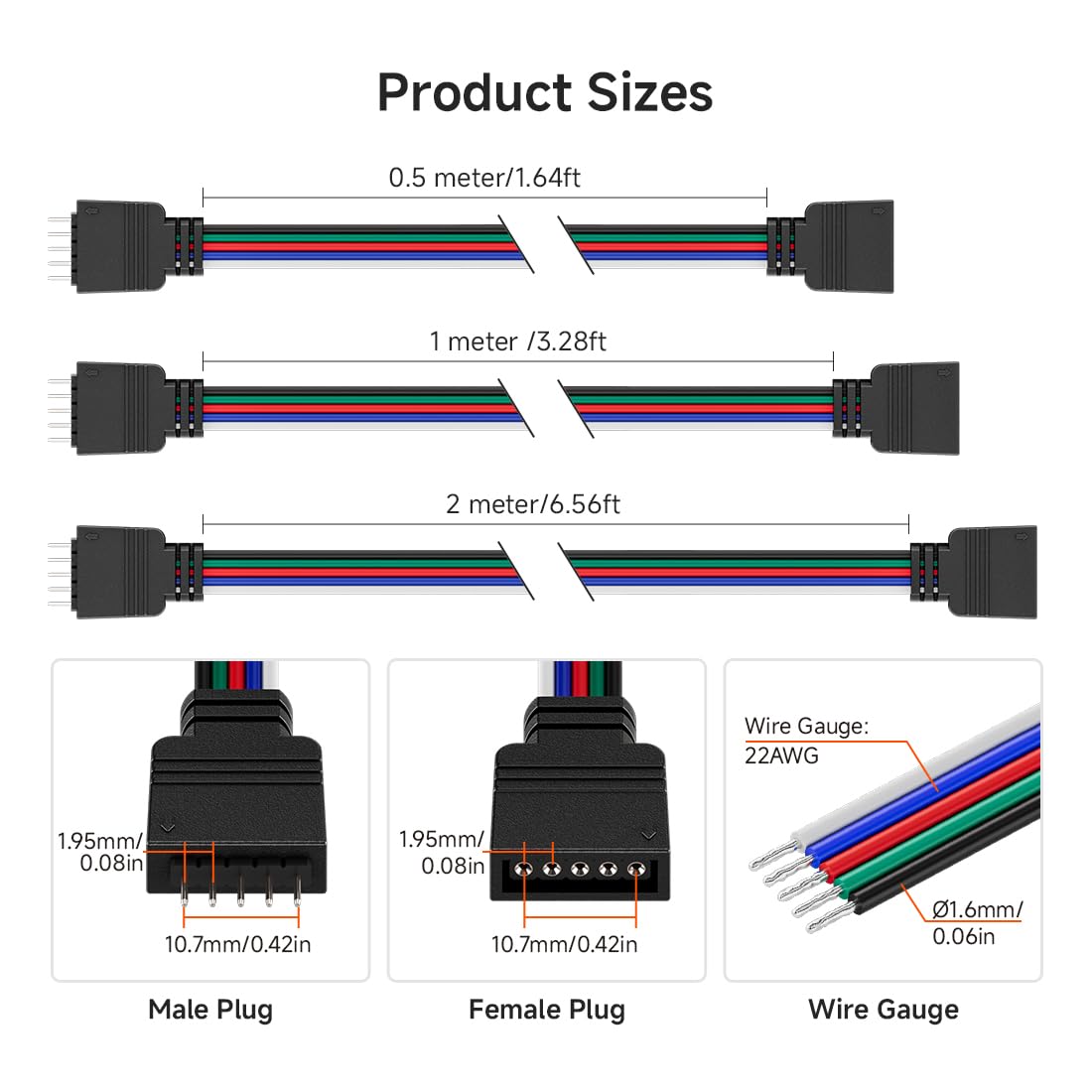 Btf-Lighting 5 Pack 22Awg 5 Pin Jst Male To Female Plug Led Connector 3.28Ft/1M Extension Cable For Fcob Smd Rgbw Led Strip Lights Solderless Controller Wire