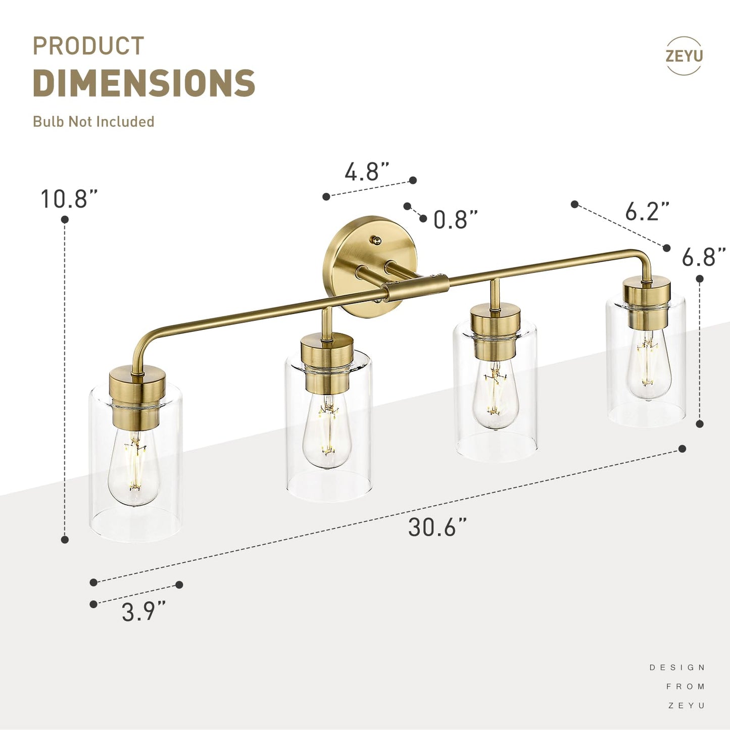 Zeyu 4-Light Bathroom Light Fixtures  Gold Vanity Lights For Bathroom  31 Inch Wall Sconce Lighting  Brushed Gold Finish  Clear Glass Finish  Zs62B-4W Bg