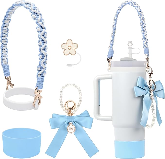 Stanley Cup Accessories Set- Water Bottle Handle Strap, Stanley Cup Protective Silicone Boot, Bow Design Stanley Charms for Stanley Cup 40oz /30 oz Tumbler (blue)