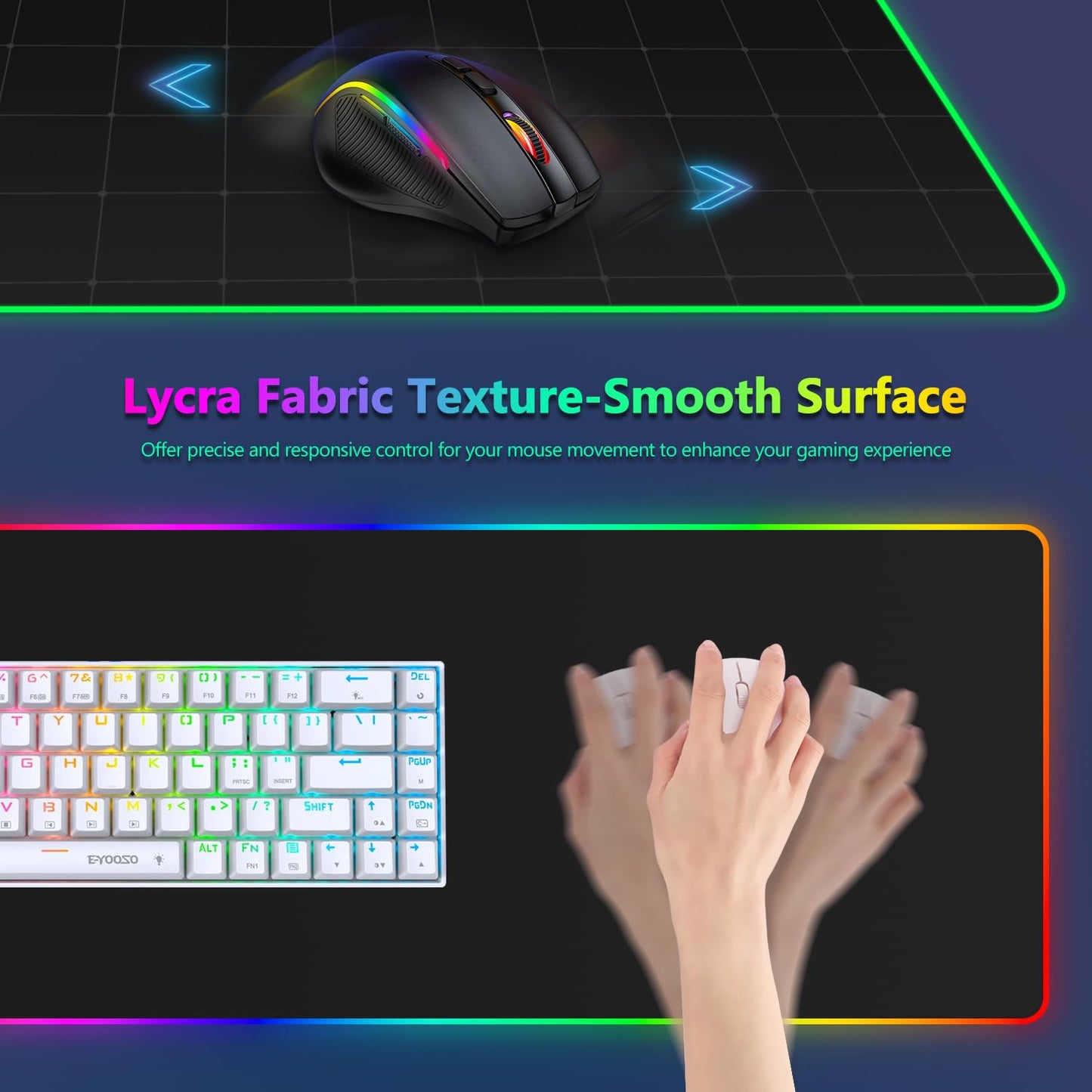 YQE RGB Gaming Mouse Pad: 35.4"x15.7" Desk Mat for Keyboard and Mouse, LED Game Mousepad with 14 Colors Light Modes, Non-Slip Desk Pad Matt Protector+Coasters-for Home, Office, Desktop-Black