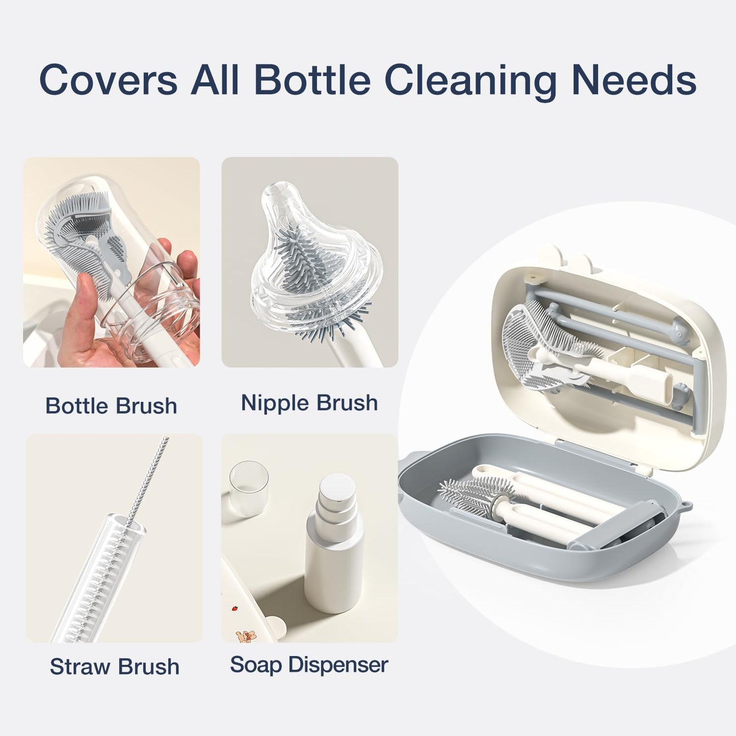 TPE & Silicone Travel Baby Bottle Cleaning Kit, 6-in-1 Baby Bottle Cleaner Brush Set with Breast Pump Cleaning, Nipple Brush, Straw Brush, Soap Dispenser, Portable Drying Rack, Baby Travel Essential