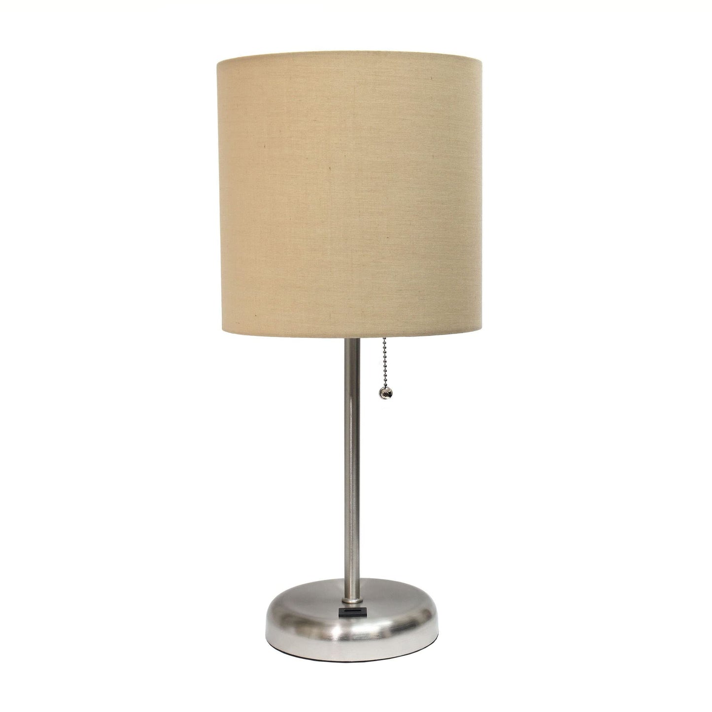 Creekwood Home Metal Table Desk Lamp with USB Port, 19.5in Tan Drum Shade, Brushed Steel, Model 1270-CWT-2012-TN