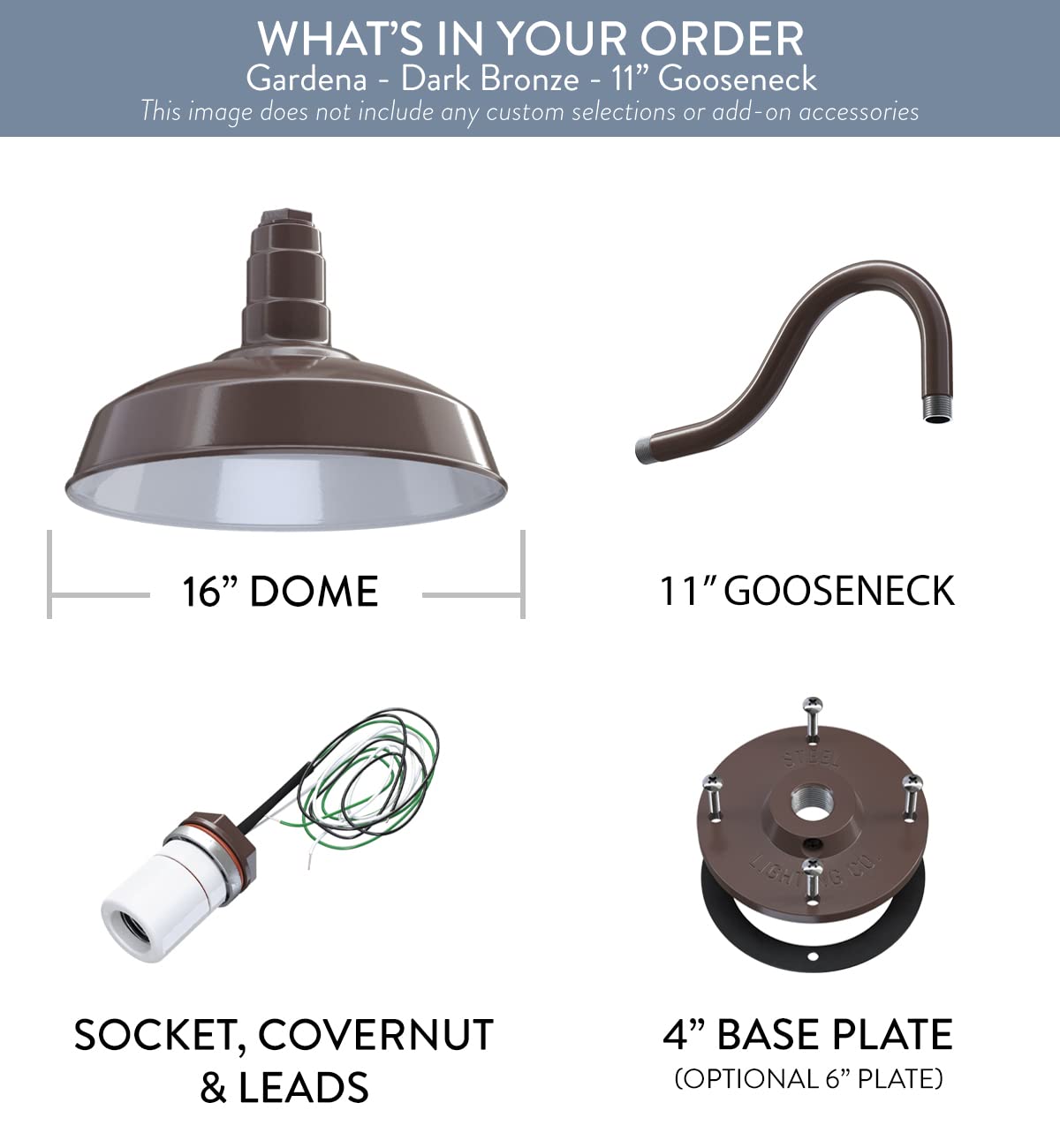 Steel Lighting Co. Gardena Barn Light - 16 Dome, 11 Gooseneck, Dark Bronze Porcelain, Outdoor Wall Mounted