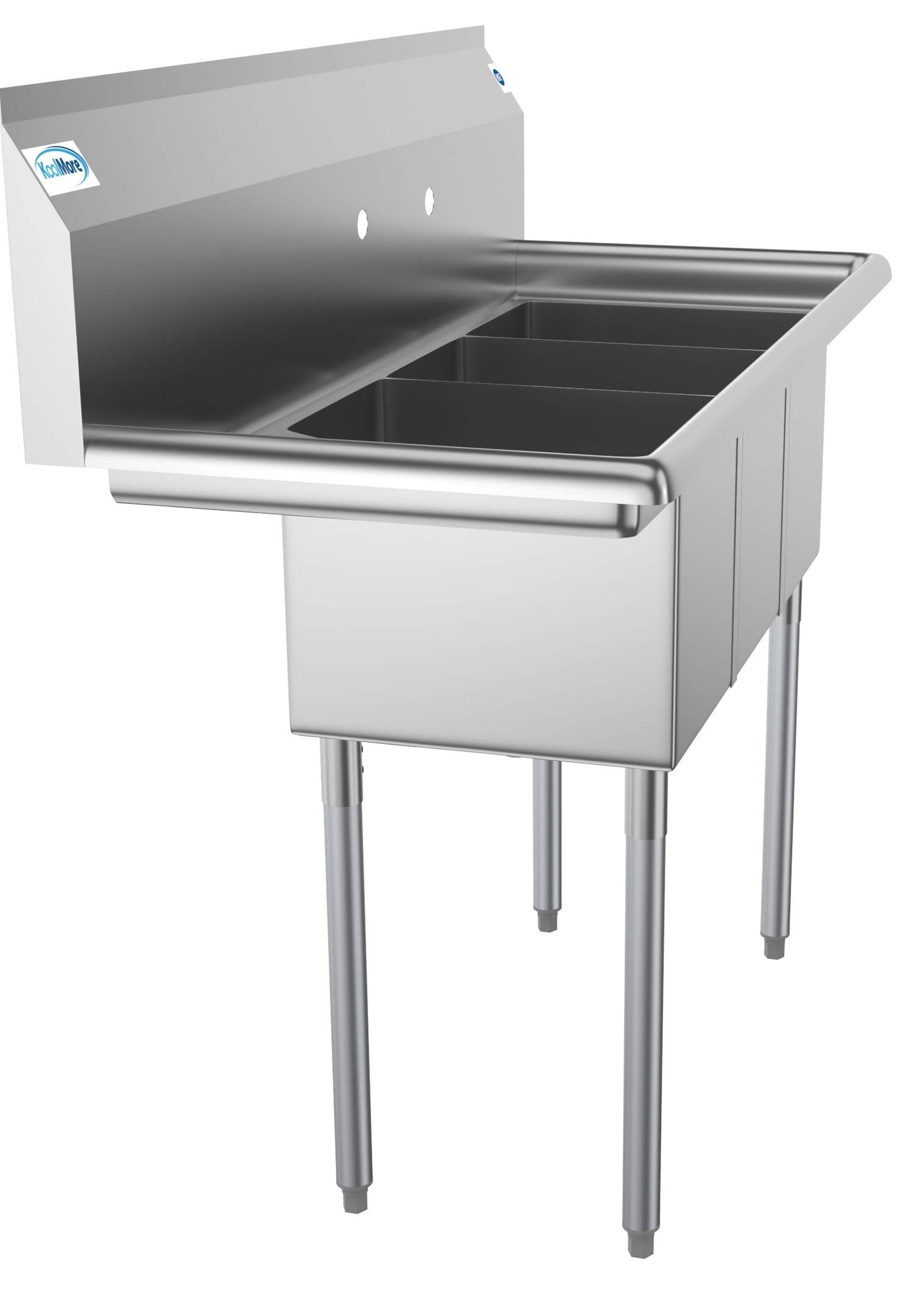 KoolMore - SC101410-12L3 3 Compartment Stainless Steel NSF Commercial Kitchen Sink with 1 Drainboard - Bowl Size 10" x 14" x 10", Silver