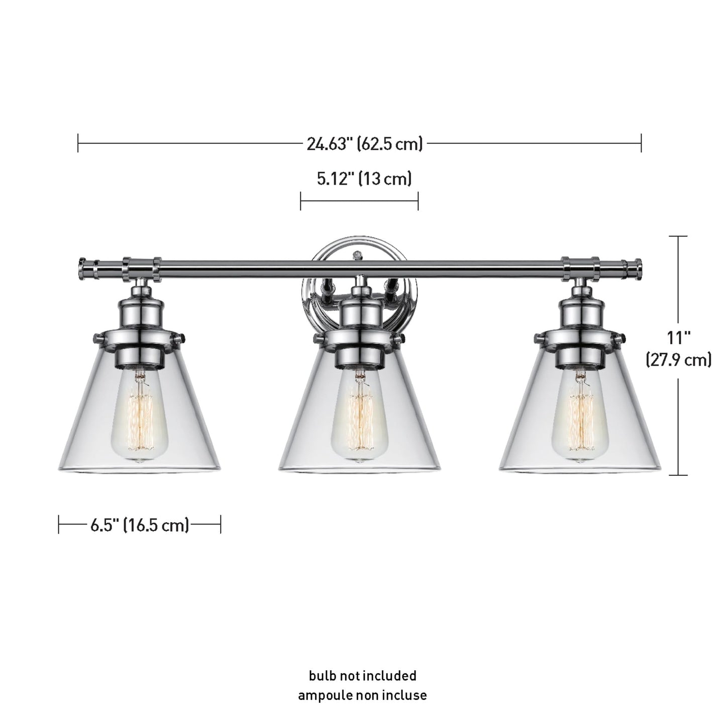 Globe Electric 51234 5-Piece All-In-One Bathroom Set  Chrome  23 3-Light Vanity Wall Light With Clear Glass Shades  Towel Bar And Ring  Robe Hook  Toilet Paper Holder  Beauty Room Accessories