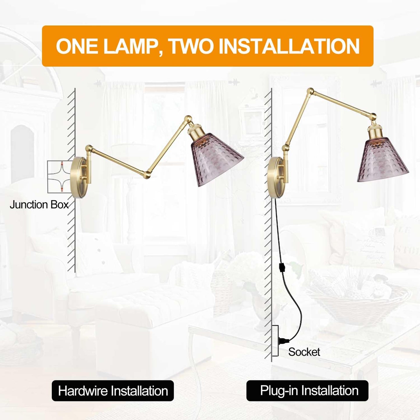 BARSUNS Swing Arm Wall Sconce Set of 2, Adjustable Brightness, Gold & Coffee, Metal, Model BS-WL351YC-B2