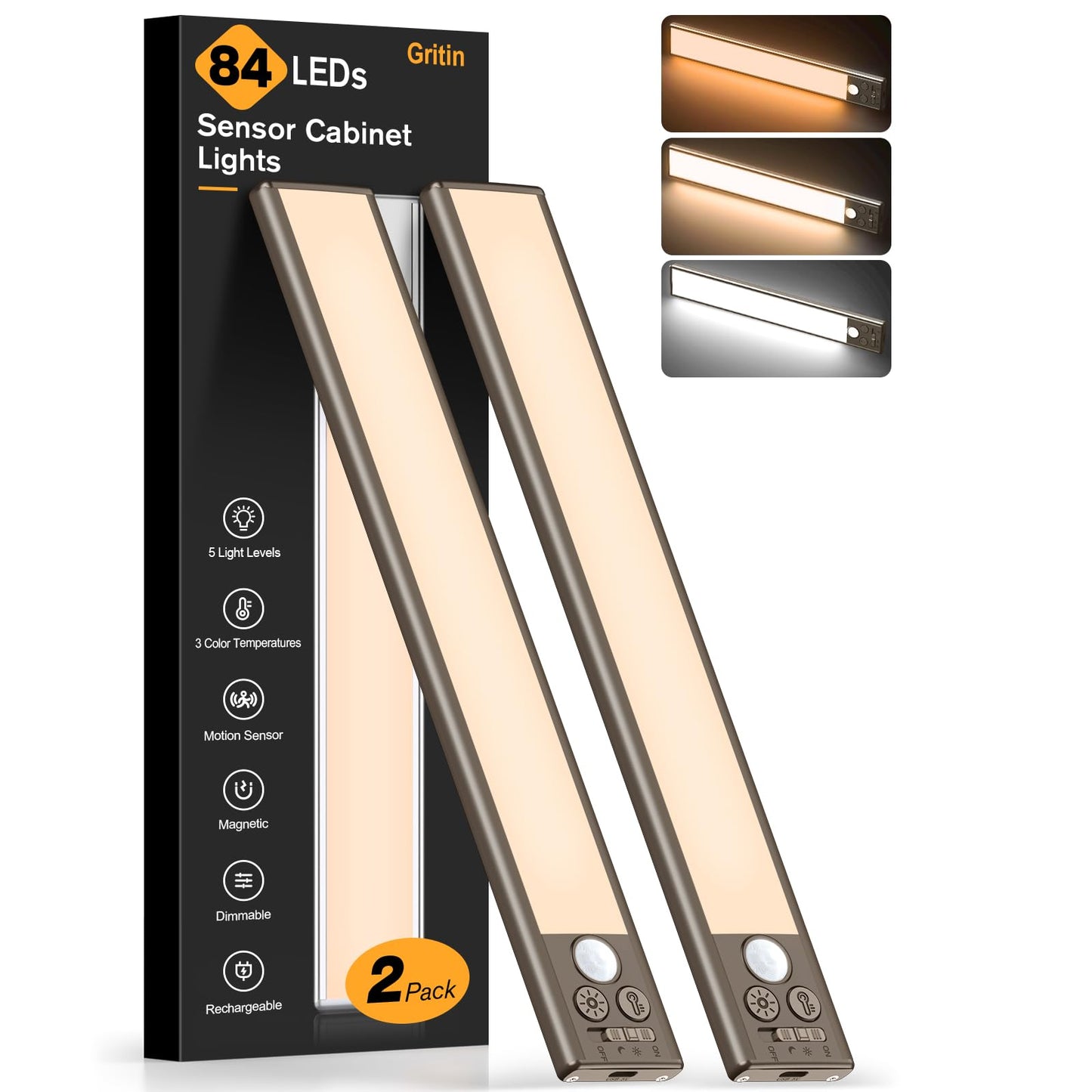 Gritin 10.2Inch Under Cabinet Lighting Rechargeable -84 Led Super Bright 3-Color& 5 Level Brightness 4 Modes Motion Sensor  Long Lasting- Easy Installation Magnetic Closet Lights -2 Pack-Bronze