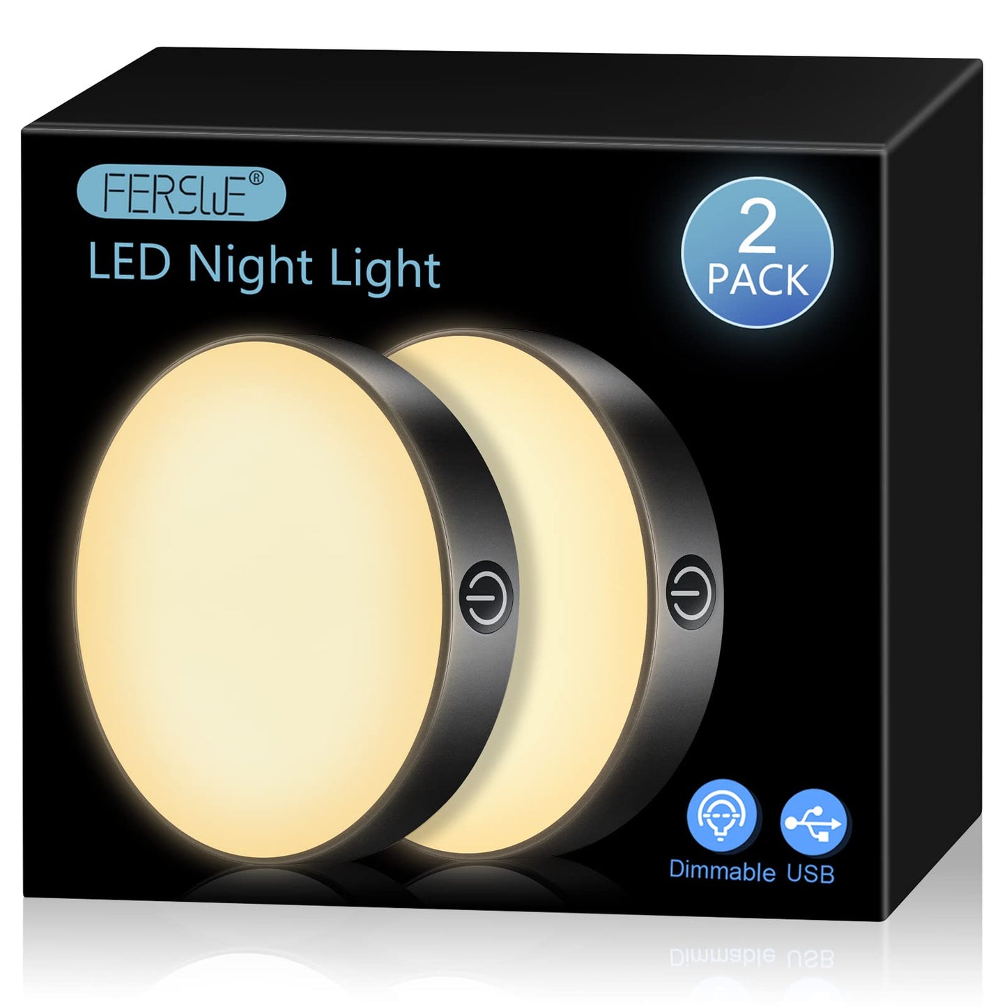 Ferswe Dimmable Touch Light, LED Night Light, Rechargeable, 3000K, 1000mAh Battery, Black, Model F-US007, 2 Pack