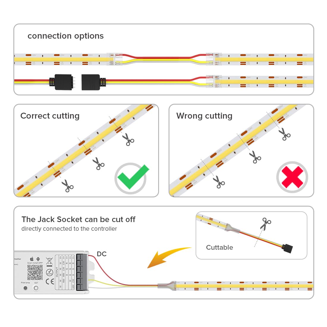 FCOB 16.4FT COB CCT LED Strip, DC24V, 3000K-6000K, High Density, Dimmable, IP30, Model: 157