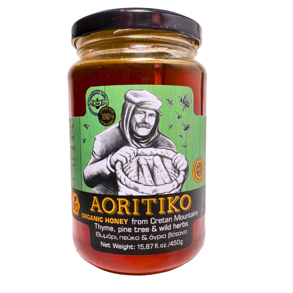 Aoritiko Organic Pure Cretan Mountain Honey | Organic Greek Honey | 100% Natural, Wildflower & Herb-Infused, Rich Aromatic Flavo