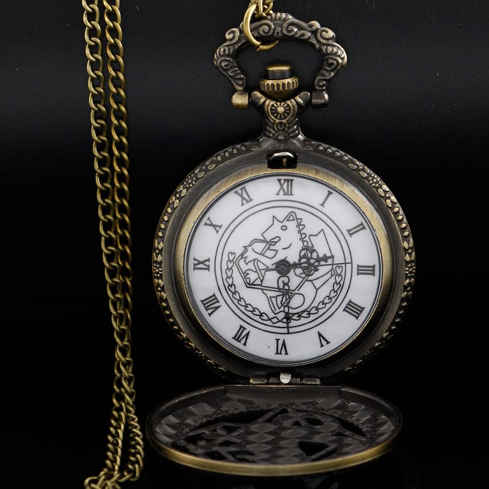 Tiong Anime Pocket Watch with Chain for Cosplay Pendant Accessories with Gifts Box(Bronze White)