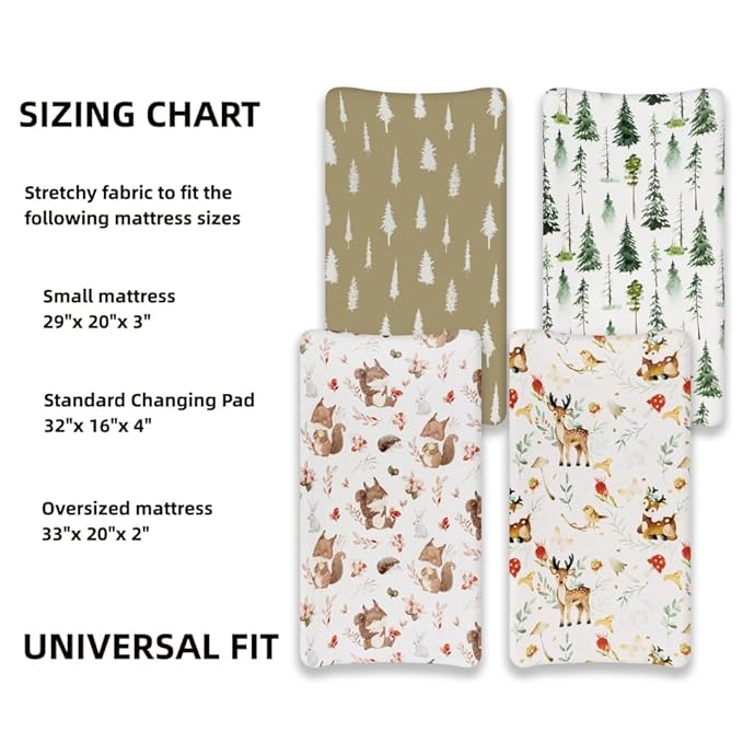4 Pack Changing Pad Covers Woodland Forest Animals Wood Neutral Unisex Fitted Baby Changing Pad Cover Set for Baby Boys or Girls (Beer)