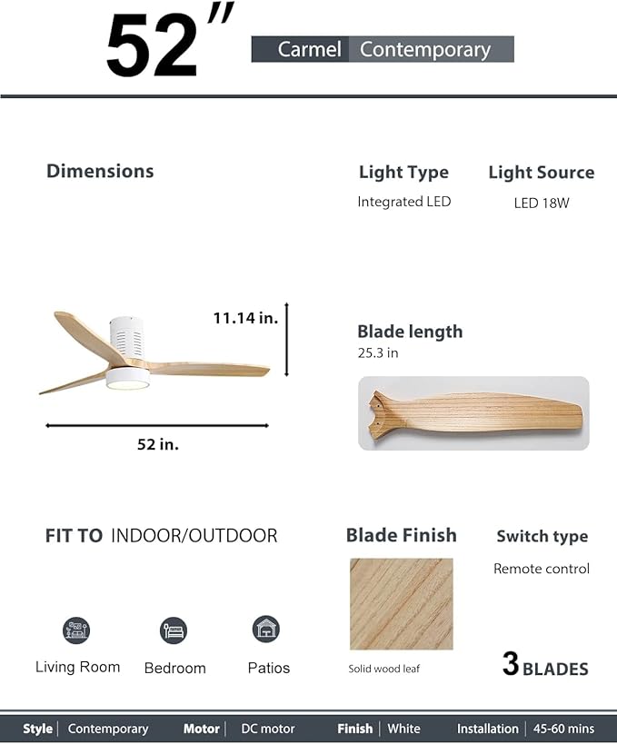 NicBex Ceiling Fan 52 Inch Ceiling Fans with Lights Ceiling Fan with 3 Blades and Remote Control Reversible DC Motor Ceiling Fan for Bedroom, Living Room, Natural