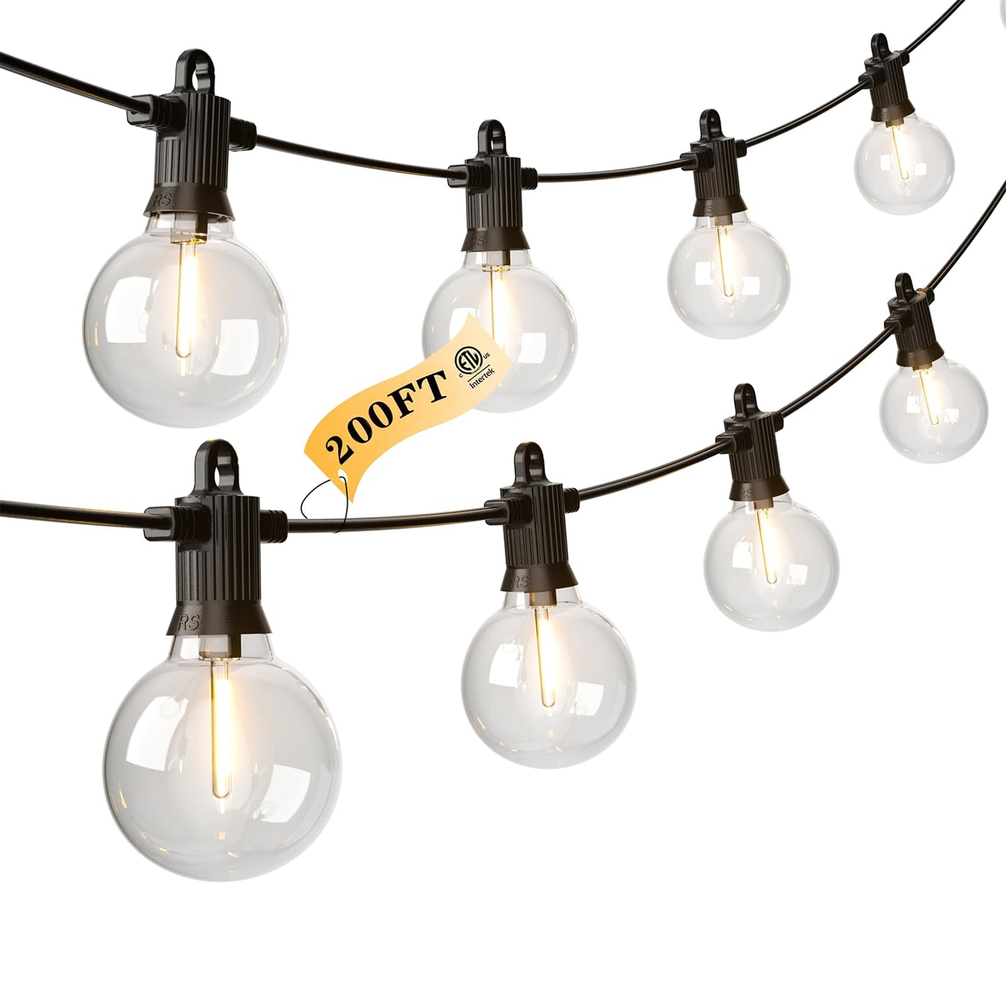 Kawaya Outdoor String Lights - LED Waterproof Patio Light with 100+4 G40 Globe Bulbs, 200FT, Black, Model 12-25