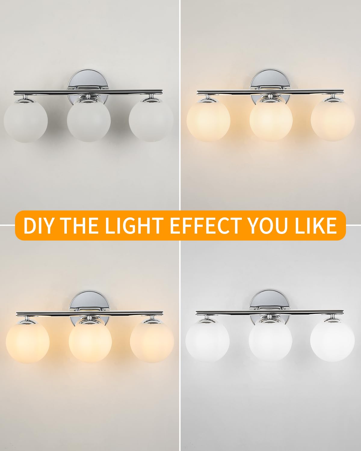 Foucasal Globe Bathroom Light Fixtures Chrome Vanity Light With Plastic Milk White Globe Shades 11.81 Inch Wall Sconce Lighting Over Mirror  3-Light Vanity Lights For Bathroom Hallway Living Room