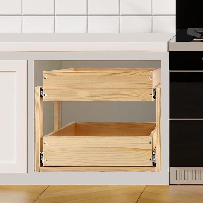 Pull Out Cabinet Organizer, 26''W×21''D×16''H Soft Close Slide Out Wood Drawer Shelves Storage for Kitchen, 2-Tier, Finished, Heavy-Duty, Bottom Assembly