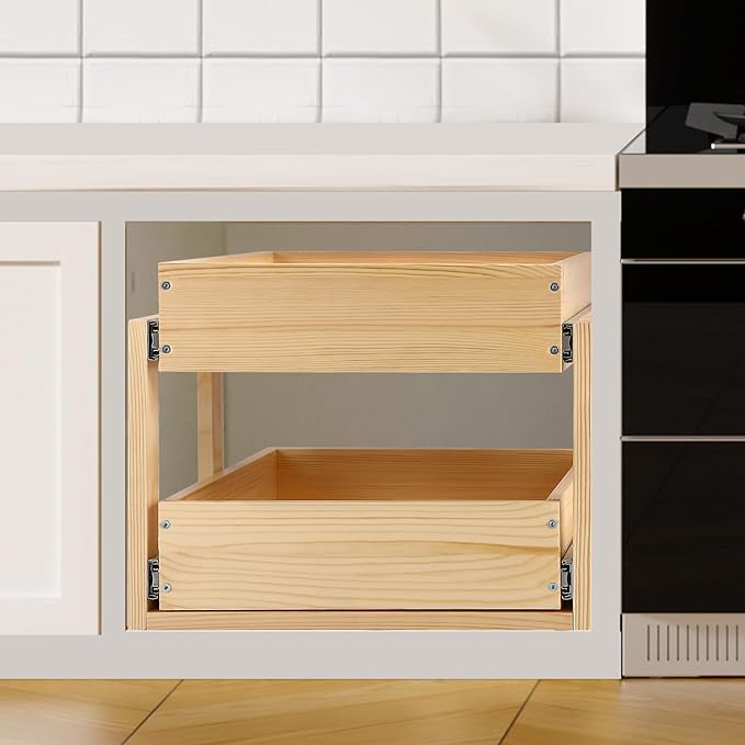 Pull Out Cabinet Organizer, 23''W×21''D×16''H Soft Close Slide Out Wood Drawer Shelves Storage for Kitchen, 2-Tier, Finished, Heavy-Duty, Bottom Assembly
