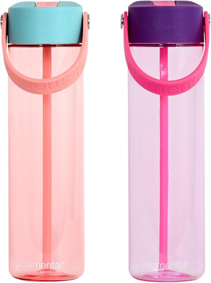 Elemental Splash Water Bottles - BPA-Free Tritan Plastic Reusable Water Bottle with Strap - Ideal for Gym and Sports Leak Proof when Spout is Closed - Cotton Candy & Berry Blast - 26oz (2 Pack)