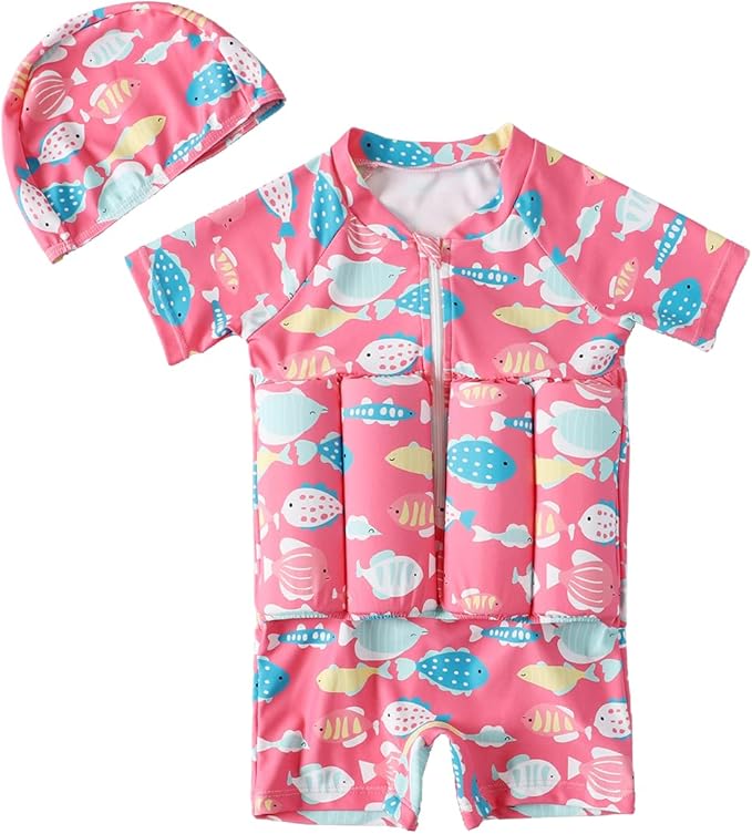 Digirlsor Baby Toddler Girls Boys Float Suit One Piece Rashguard Cartoon Short Sleeve Zip up Buoyancy Swimsuit +Cap Pink, ...
