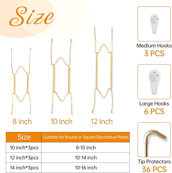 Bilillo 9-Piece Stainless Steel Wall Plate Hangers, 10/12/14 Inch Invisible Decorative Wire Plate Holders with 9 Pieces Wall Hooks for 8 to 16 Inch (Gold)