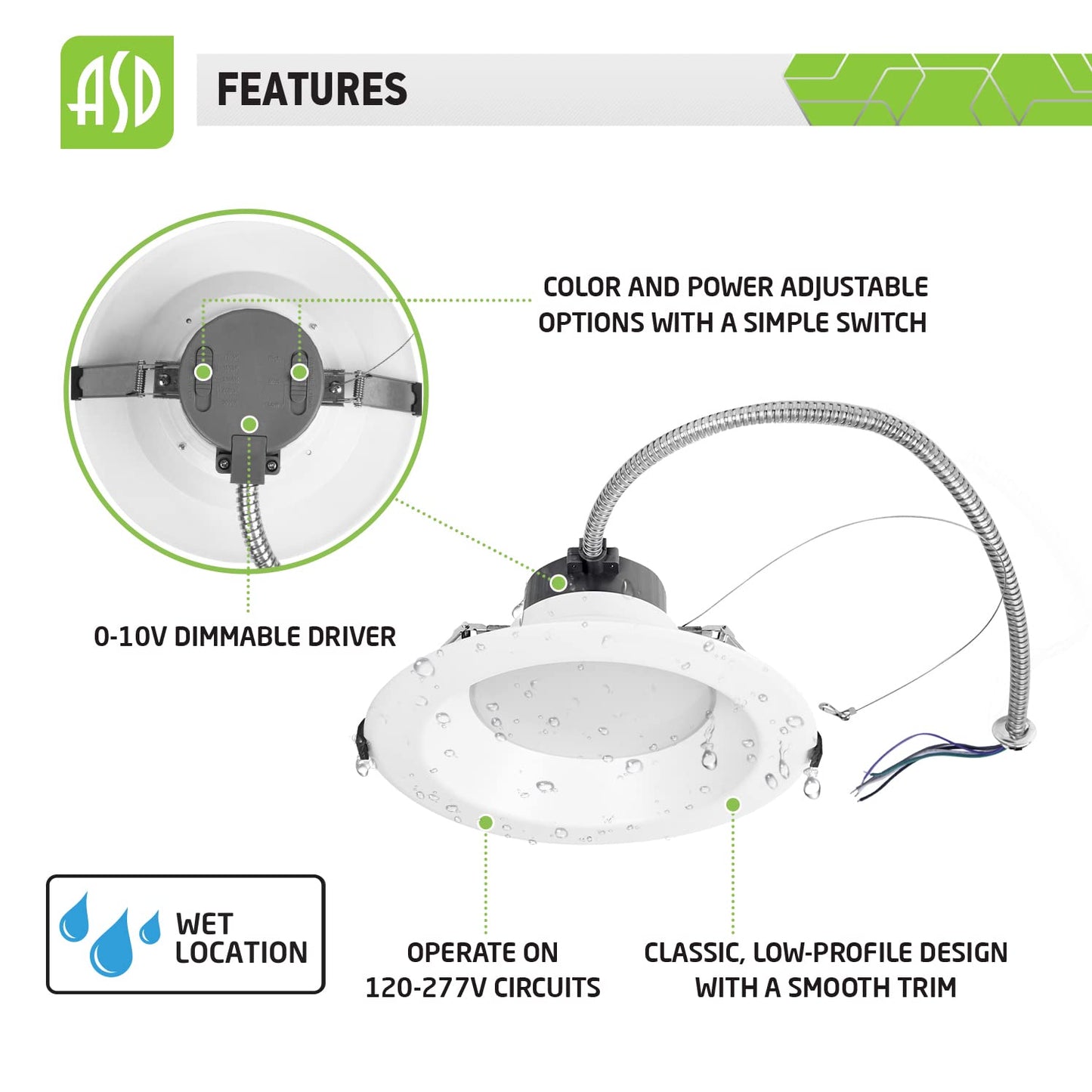 Asd 6 Inch Commercial Canless Led Downlight  Power Adjustable 10/15/22W Lighting  Dimmable Recessed Ceiling Light Fixture  5 Color Temperatures 2700K-5000K  120-277V Ic Rated Ul & Energy Star 4 Pack
