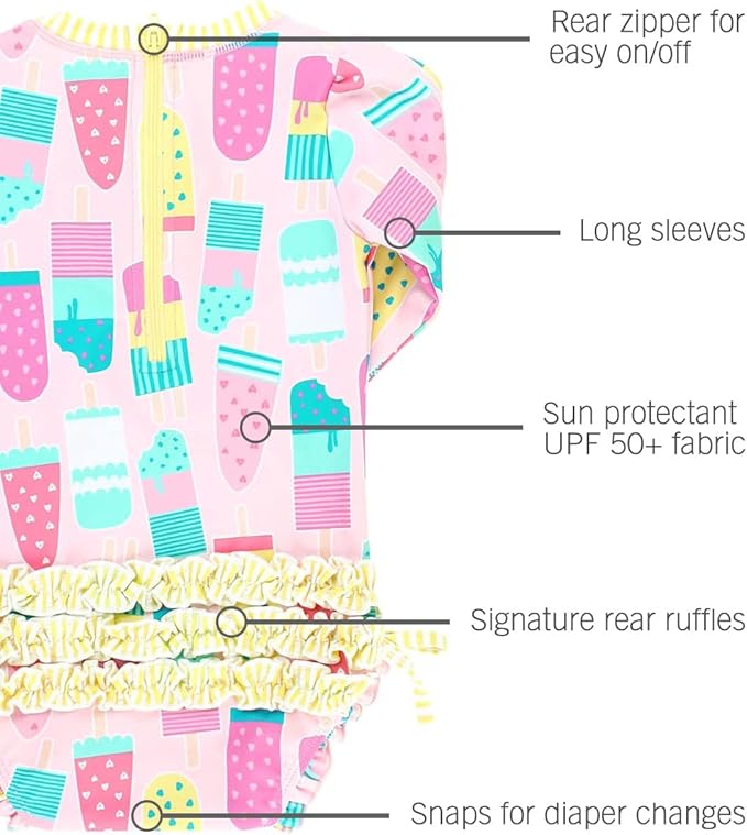 RuffleButts Baby Girls UPF 50+ Sun Protection Novelty Print Long Sleeve One Piece Rash Guard Swimsuit with Zipper