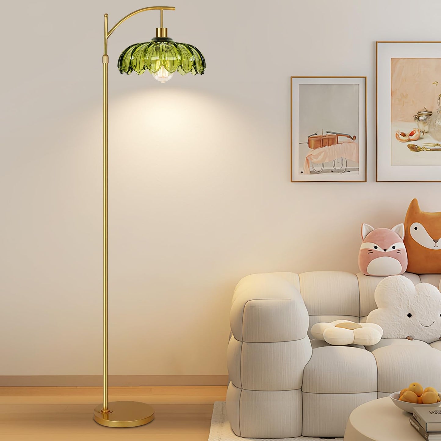 ZECOXOL Gold Floor Lamp, Vintage Glass with Remote Control, Dimmable, 10.2in Tall, Brass, Green-Glass, Mid Century Modern Design