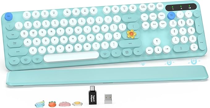 Wireless Keyboard, Round Keycaps, Retro Typewriter Keyboard with Detachable Wrist Rest, Sleep Mode, Foldable Legs, 2.4GHz Full-Size Cordless Computer Keyboard for Windows/PC/Laptop (Tiffany Blue)