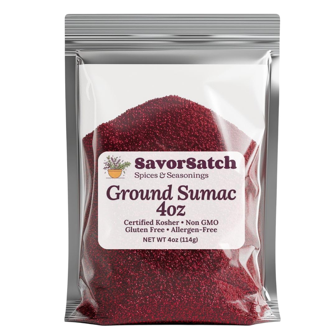 SavorSatch Ground Sumac - 4oz Resealable Pouch | Certified Kosher  GMO Free  Allergen-Free | Tangy  Deep Red Spice for Middle Eastern Cooking  Salads  and Meats | Product of Turkey