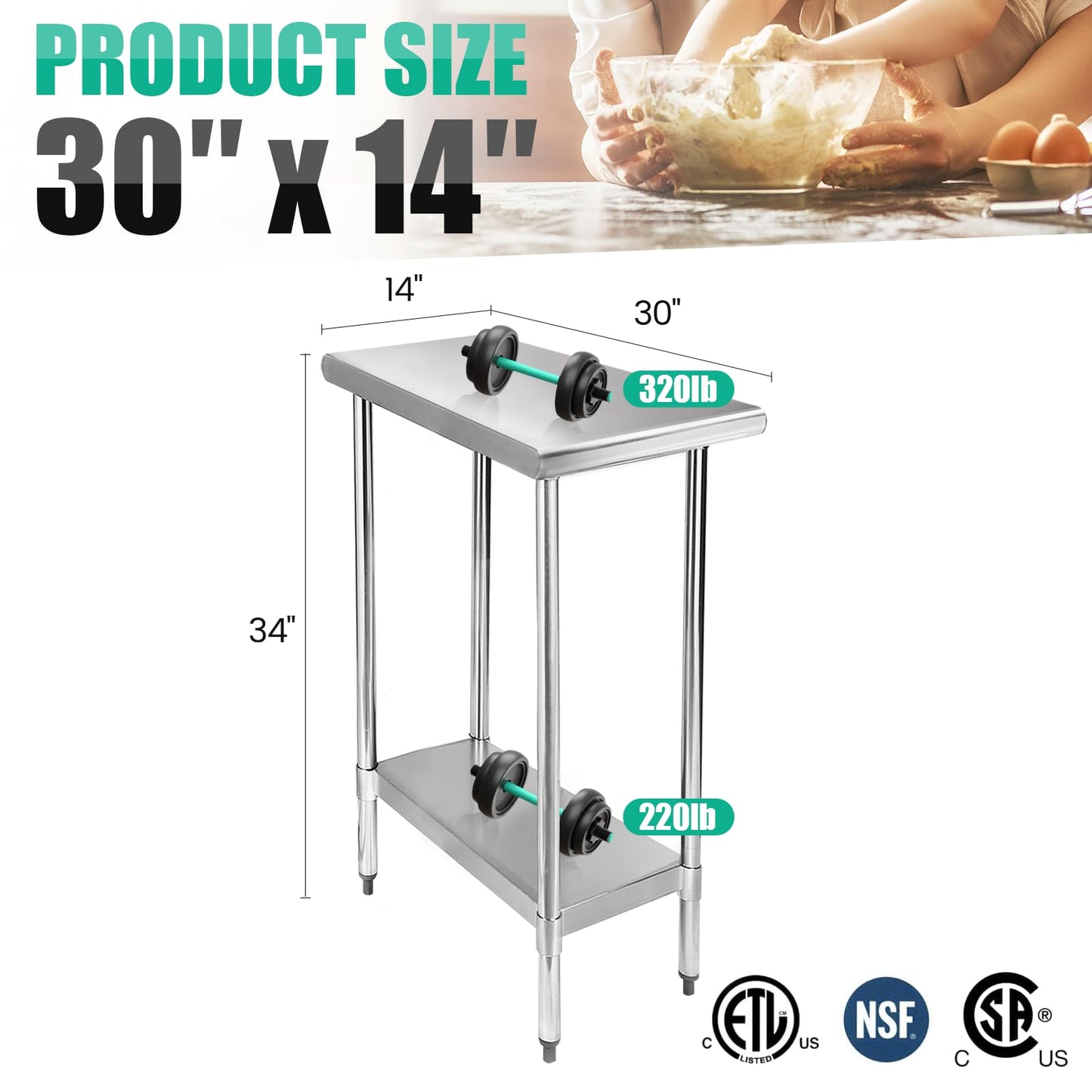 STABLEINK NSF Stainless Steel Table, 30 x 14 Inches Metal Prep & Work Table with Adjustable Undershelf, for Commercial Kitchen, Restaurant, Hotel and Garage,Small Stainless Steel Table