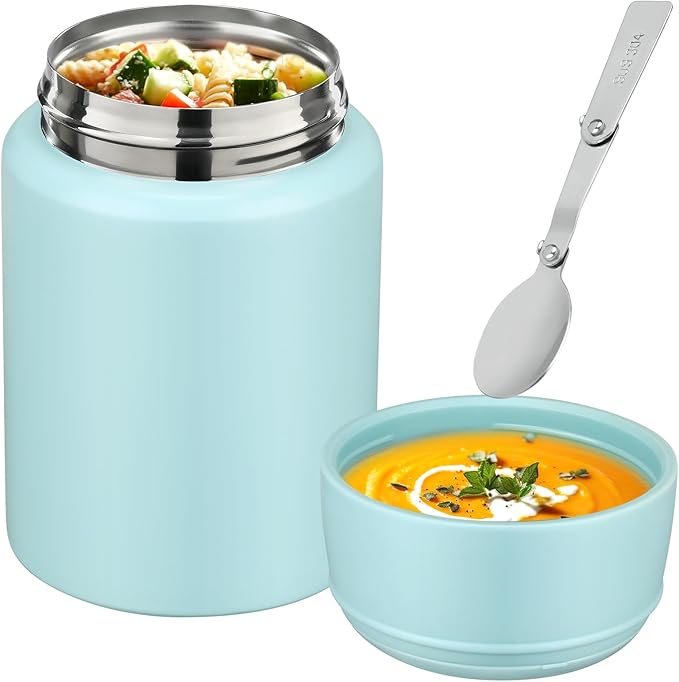 17oz Soup Thermo for Hot Food Kids Insulated Food Jar,Thermo Hot Food Lunch Container, Width Mouth Stainless Steel Lunch Box for Kids with Handle Folding Spoon(Ice Blue - Pure)