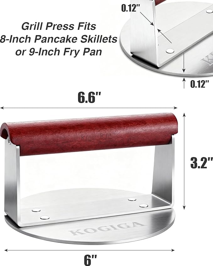 Smash Burger 1.56LB - 6 Inch Stainless Steel Burger Smasher Tool, Easy to Handle Griddle Press & Steak Weight with Beechwood Handle for Perfect Smashburgers, Bacon & Sandwich Press
