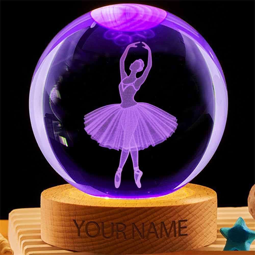 Personalized Ballet Crystal Night Light Gift for Women, Custom Name/Number Ballet Ballerina 3D Crystal Ball Night Light Lamp for Bedroom Room Dance Decor Party Bar Christmas Birthday Gift