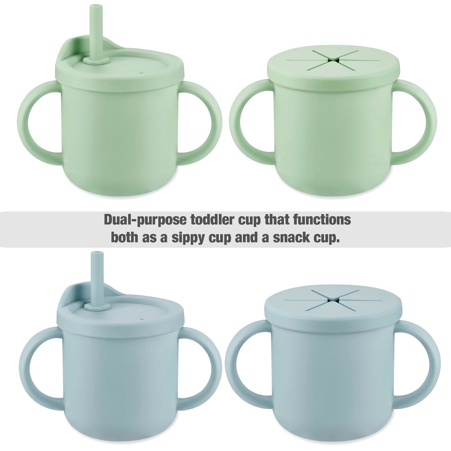 PandaEar Silicone Baby Feeding Set| 2 Pack Silicone Divided Suction Plate and 2 Pack Tiny Cup with 2 Spoons 2 Forks| Baby Led Weaning Supplies Self Feeding Eating Utensils (Light Blue/Light Green)