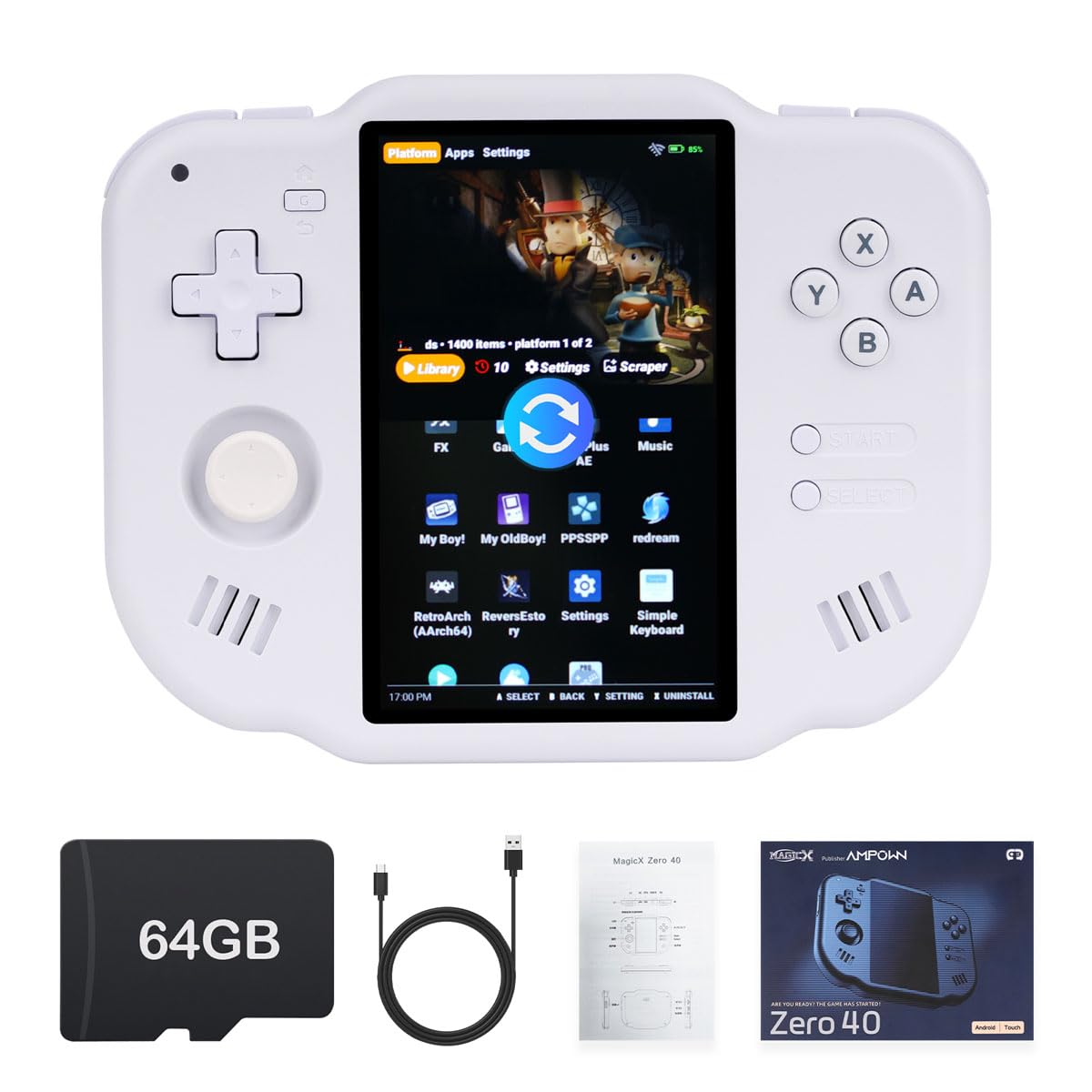 MagicX Zero 40 Handheld Game Console, 4.0 Inch IPS Screen Retro Video Games Consoles with 4300mAh Long Battery Life & 64GB TF Card Preloaded Games, WiFi Wireless Connection Classic System (White)