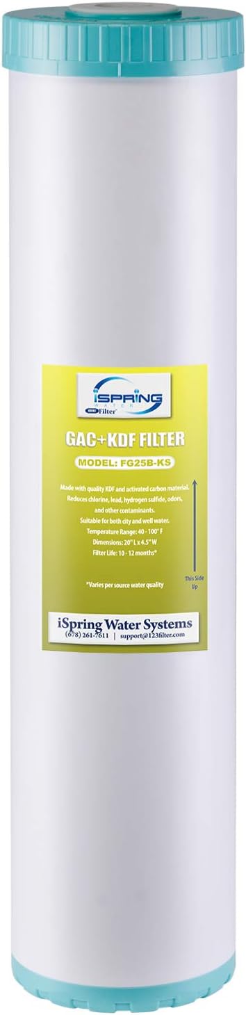 iSpring Whole House Water Filter Cartridge, Iron & Manganese Reducing Water Filter Whole House, 4.5" x 20", Model: FM25B & FG25B-KS High Capacity Heavy Metal Reducing GAC and KDF