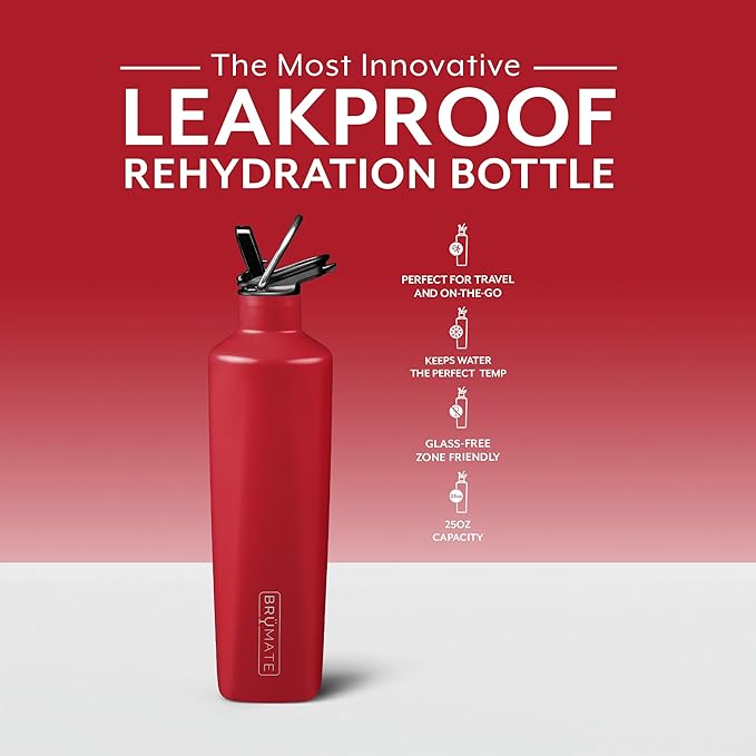 BrüMate ReHydration - 100% Leakproof 25oz Insulated Water Bottle with Straw - Stainless Steel Water Canteen (Ruby)