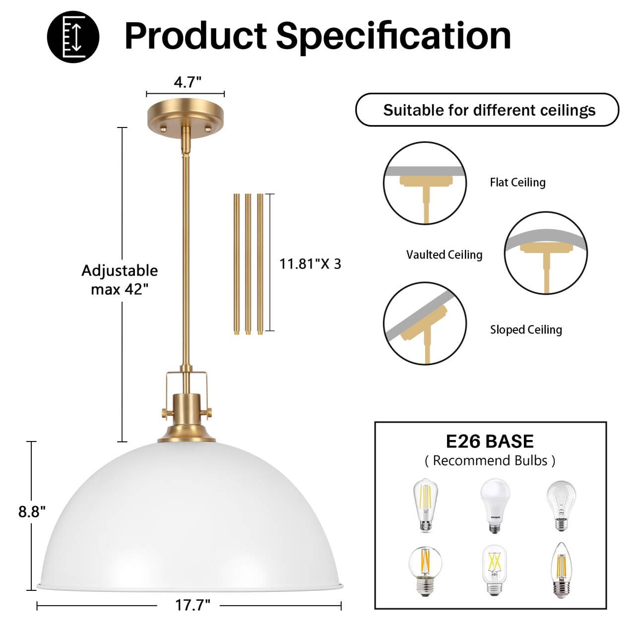 Lamqee 18 Inch White And Gold Large Pendant Light Kitchen Island  Farmhouse Modern Dome Pendant Light Fixtures Ceiling Hanging Lighting Chandelier For Dining Room Over Table  Bar  Hallway  Entryway