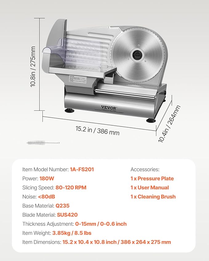 VEVOR Meat Slicer, 180W Electric Deli Food Slicer, 7.5 inch Meat Cutter with a Premium SUS420 Blade, 0-0.6 inch Adjustable Thickness, ETL Certified Food Slicer Machine for Home Use